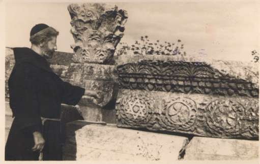 Palestine Synagogue Monk by Wall RPPC