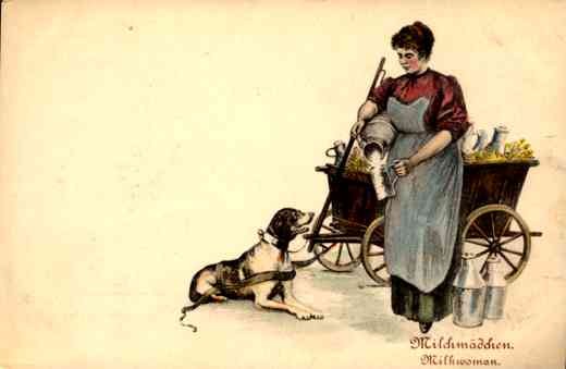 Milk Woman Pouring Milk for Dog Cart