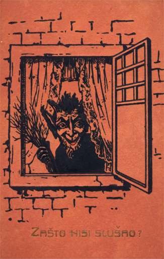 Krampus in Window wih Broom