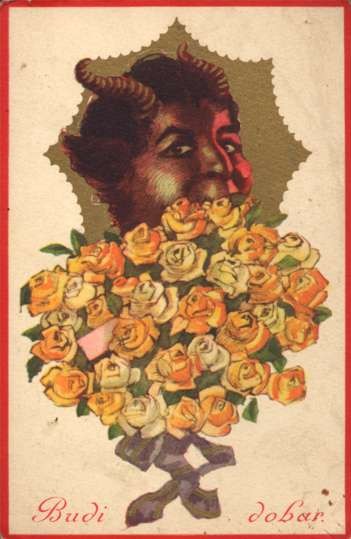 Krampus Holding Bouquet of Flower Roses