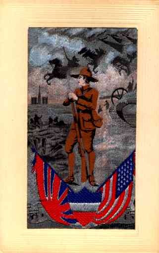 WWI Soldier Flags Horses in Sky Woven Silk