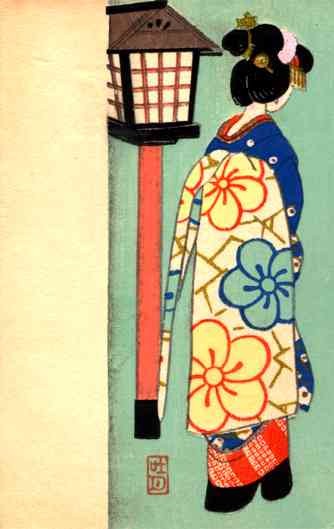 Japanese Girl by Lantern Woodblock Print