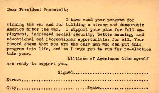 Support Card for Re-Election President Roosevelt