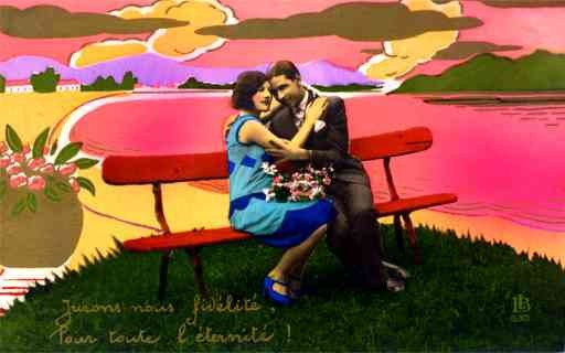 Lovers on Bench Pochoir Art Deco RP