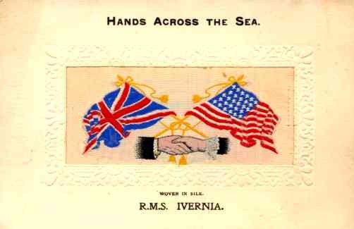 WWI Ocean Liner Ivernia Hands Flags Woven Silk