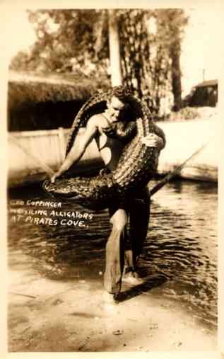 Wrestler Holding Alligator Miami FL Real Photo