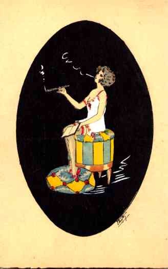 Smoking Girl in Negligee Pochoir French