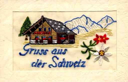 Swiss House in Mountains Embroidered Silk