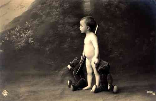 Boy with Two Teddy Bears Real Photo