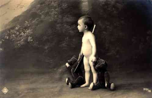 Boy with Two Teddy Bears Real Photo