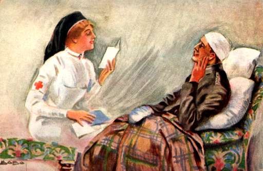 Nurse Reading to Wounded in Bed WWI