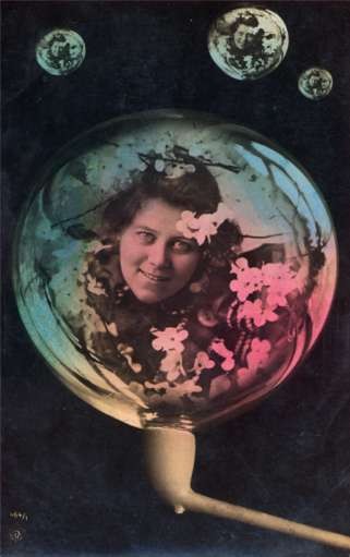 Lady Flowers in Bubble Pipe Tinted Real Photo