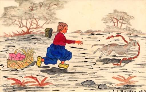 Dutch Child Chasing Dog with Sausage Hand-Drawn