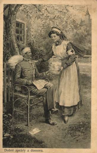 Nurse with Tea Wounded Officer on Bench WWI