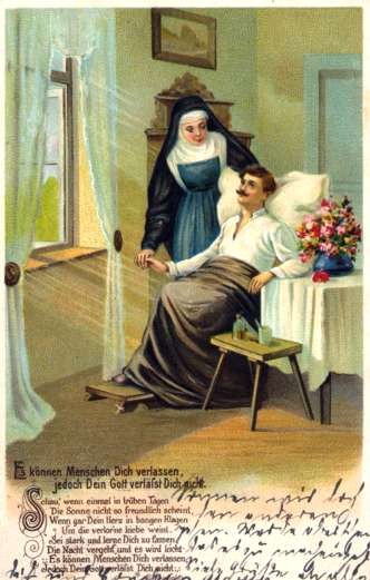 Nun Holding Hand of Wounded in Chair Poem