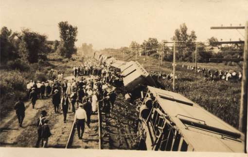 Walking Towards Head of Wrecked Train Real Photo