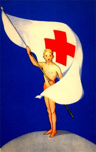 Young Nude Male with Red Cross Flag on Globe