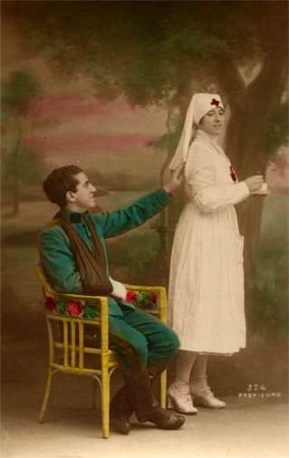 Wounded Touching Nurse WWI Hand-Tinted RP