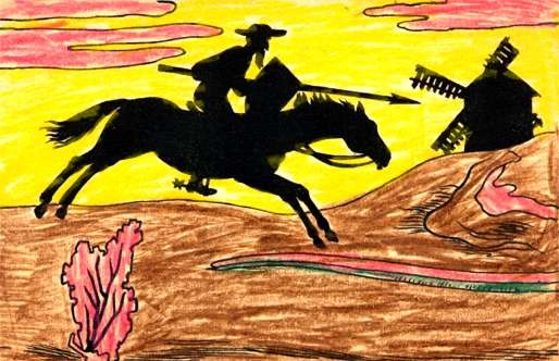 Don Kixot on Horse Wind Mill Hand-Drawn