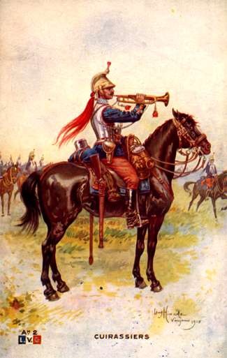 French Soldier Cuirassier on Horse Playing Trumpet