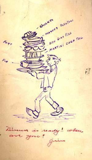 Waiter Carrying Stock of Dishes Hand-Drawn