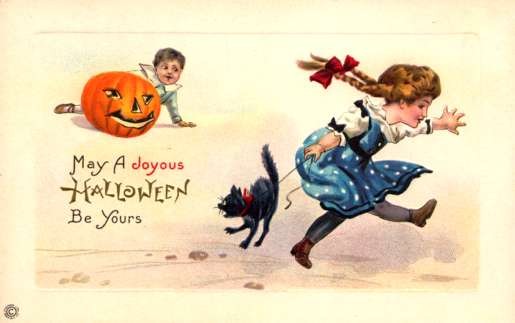 Running Child Pulling Cat Jack-o-Lantern