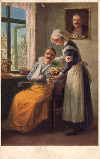 Red Cross Nurse with Flowers for Wounded WWI