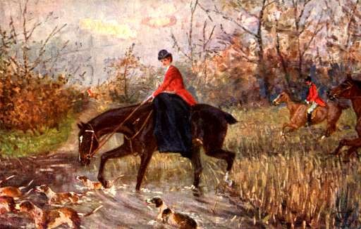 Lady Hunter on Horse Fox Hounds Dogs
