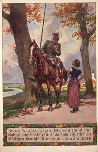 Soldier on Horse with Flowers Talking to Woman