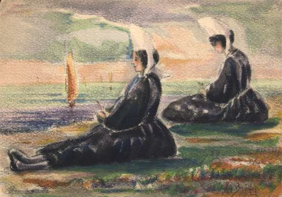 Women Sitting on Shore Sailboats Hand-Drawn
