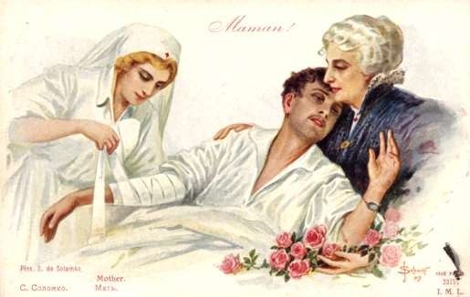 Nurse Bandaging Wounded Mother Holding Him WWI