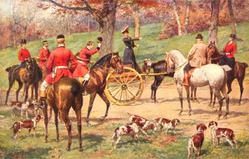 Lady in Horse-Drawn cart Hunters Dogs Fox Hounds