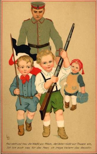 Children with Rifle Flag Father Soldier behind