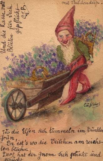 Gnome Pushing Cart with Flowers Hand-Drawn