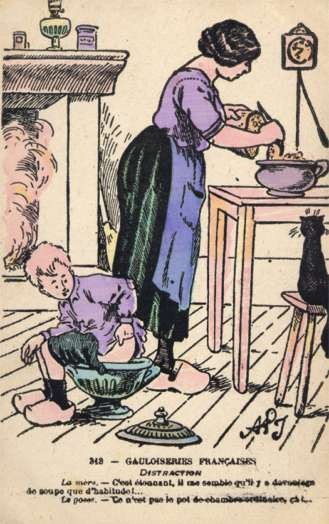 Cooking Mother Cat Child on Chamber Pot