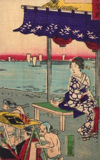 Japanese Lady with Tea Cup Servants Woodblock