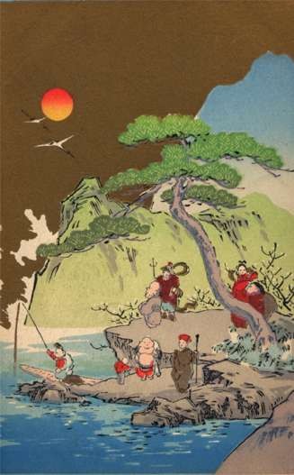 Characters at Shore by Water Woodblock