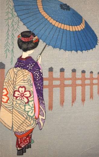 Walking Woman with Umbrella Woodblock