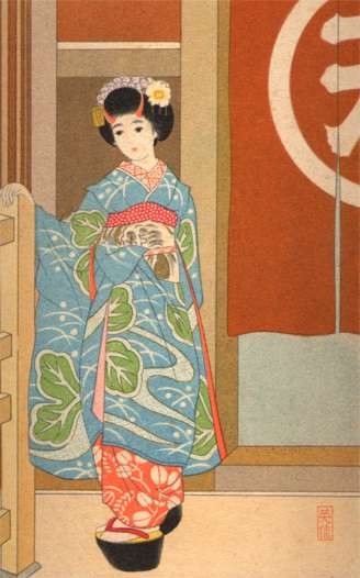 Young Japanese in Kimono Woodblock