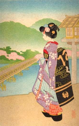 Young Lady Looking Far Woodblock