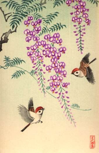 Birds by Flower Bleeding Heart Woodblock