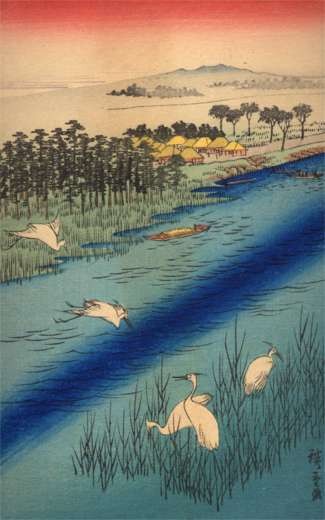 Japan Flying Storks over Water Woodblock