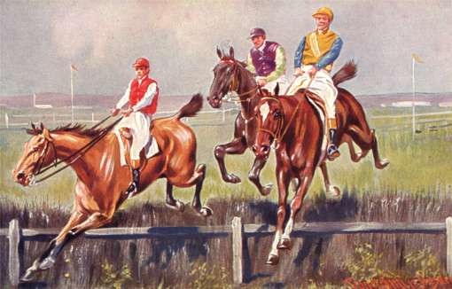 Jockeys on Horses over Hurdles
