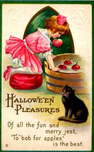 Girl Picking Apple Black Cat by Bucket