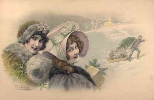 Girls Holding Gifts in Snowy Winter