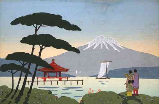 Japanese Looking at Fuji Mountain Woodblock