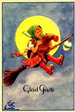 Girl Witch on Broom Holding Rooster by Moon Easter