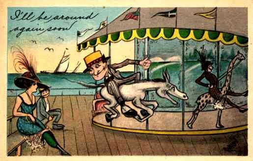 Man on Donkey Carousel Sailboats