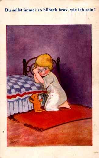 Kneeling Girl Teddy Bear by Bed