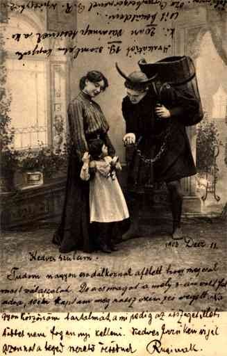 Krampus Talking to Girl Standing by Her Mother